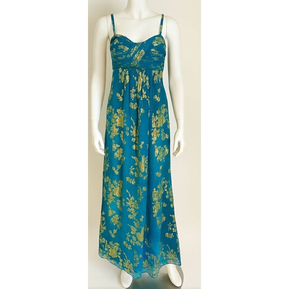 Oleg Cassini Womens elegant Small gold teal blue dress Silk long floor length